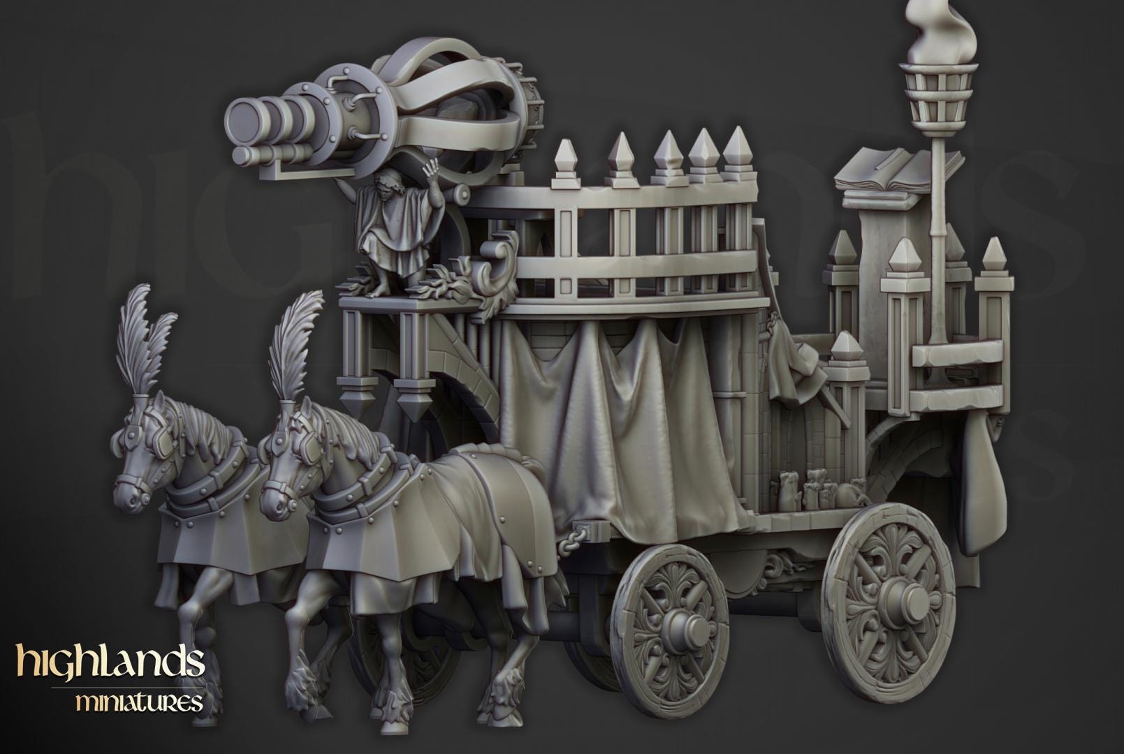 Arcane Cannon on Chariot Highland Miniatures Various Scales (US tariffs are pre-paid by us)