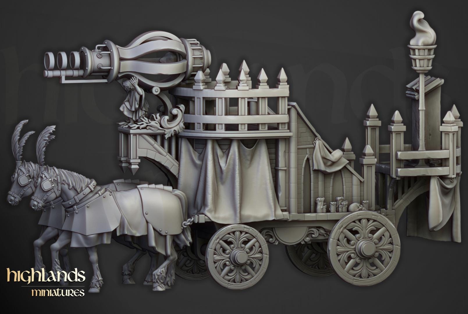 Arcane Cannon on Chariot Highland Miniatures Various Scales (US tariffs are pre-paid by us)