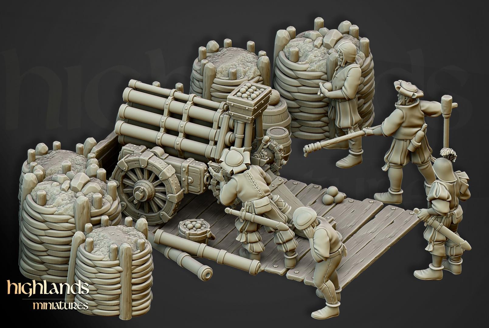 Sunland Artillery Battery with Crew, Cannon, Mortar, Volley Gun Highland Miniatures Various Scales