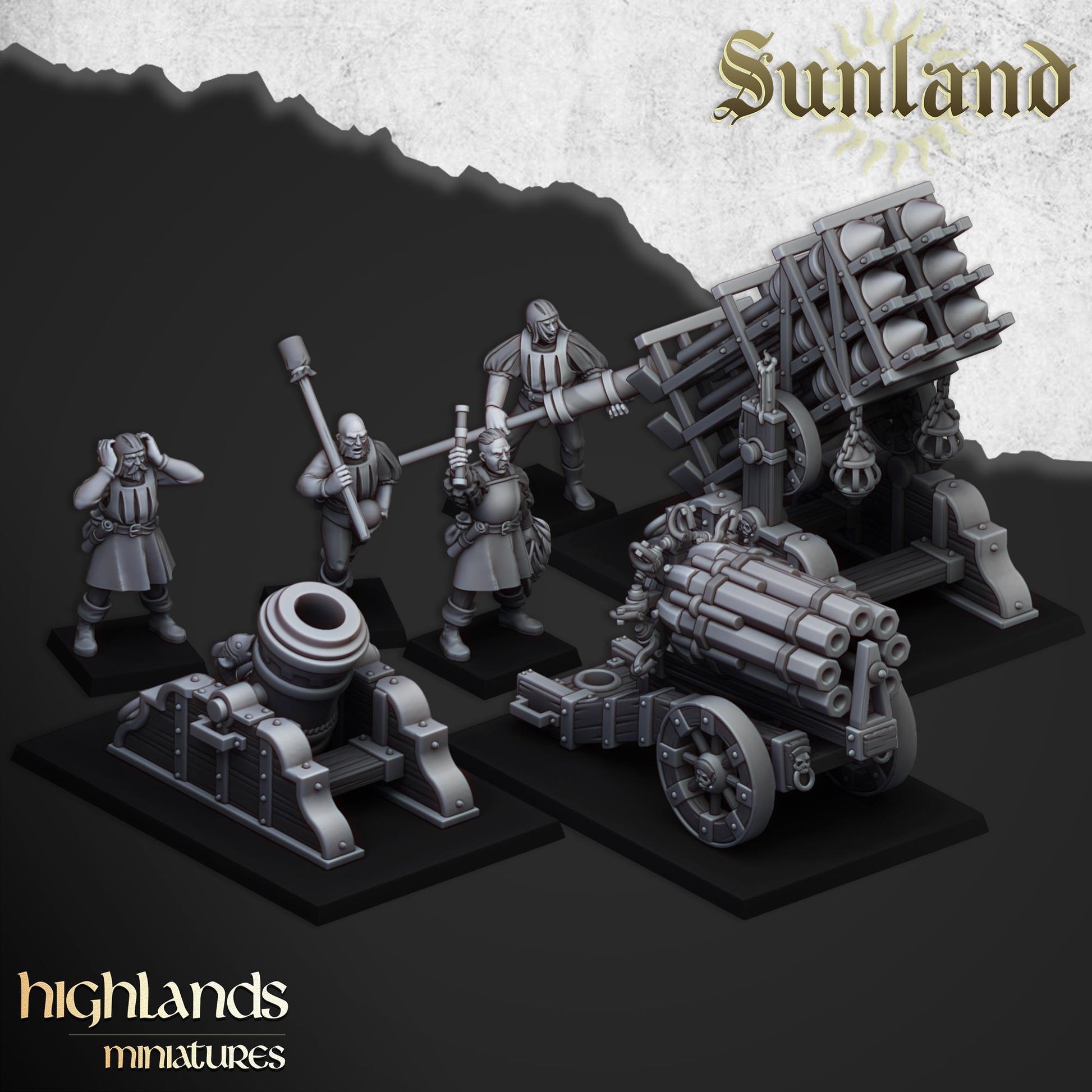 Sunland Artillery Set with Crew, Rocket Launcher, Mortar, Volley Gun Highland Miniatures Various Scales (US tariffs are pre-paid by us)