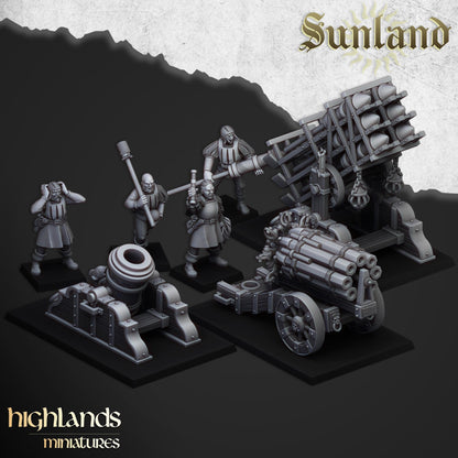 Sunland Artillery Set with Crew, Rocket Launcher, Mortar, Volley Gun Highland Miniatures Various Scales (US tariffs are pre-paid by us)