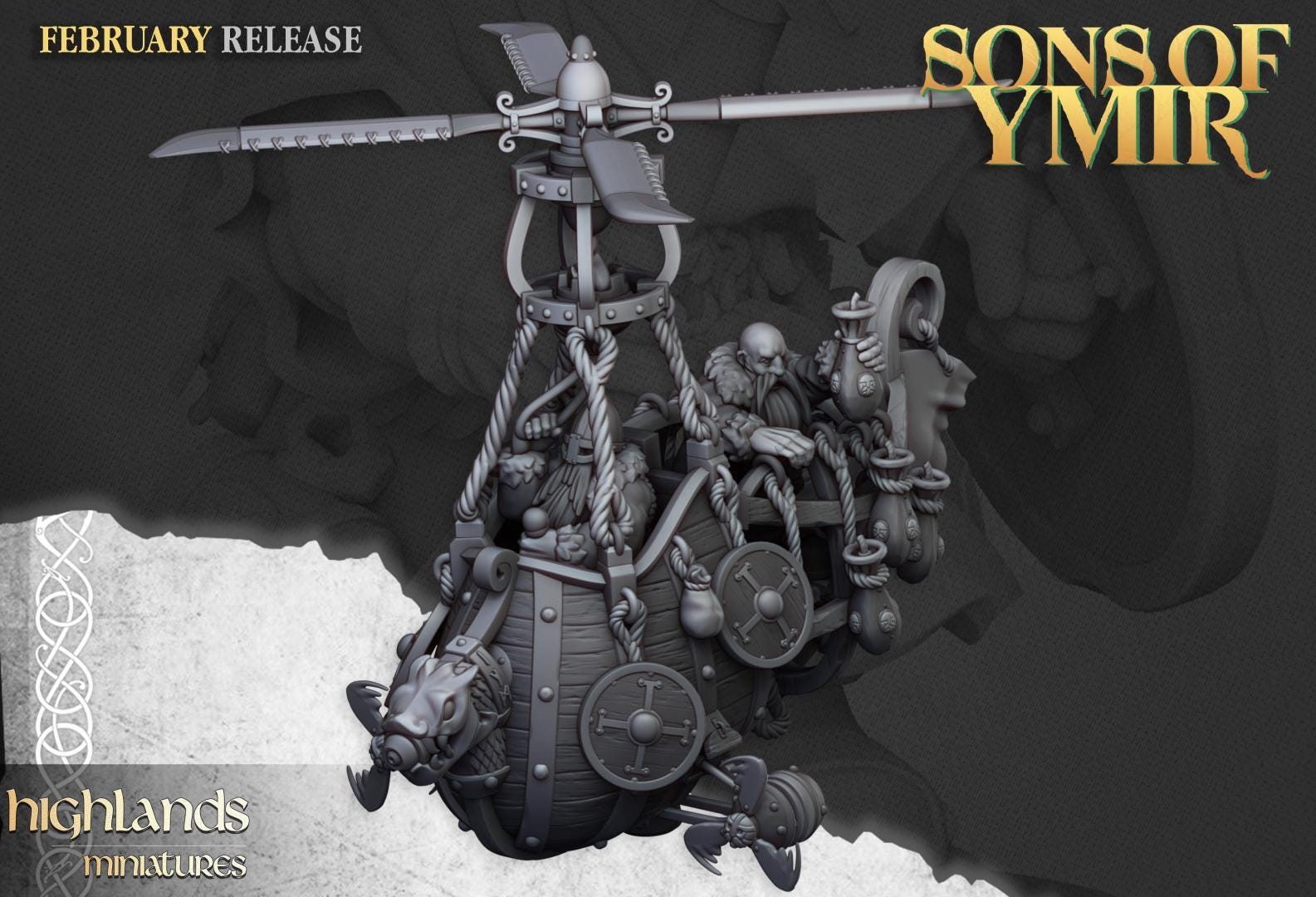 Dwarf Flying Machine with Crew and Scenic Base 4 Variants Highland Miniatures Various Scales (US tariffs are pre-paid by us)