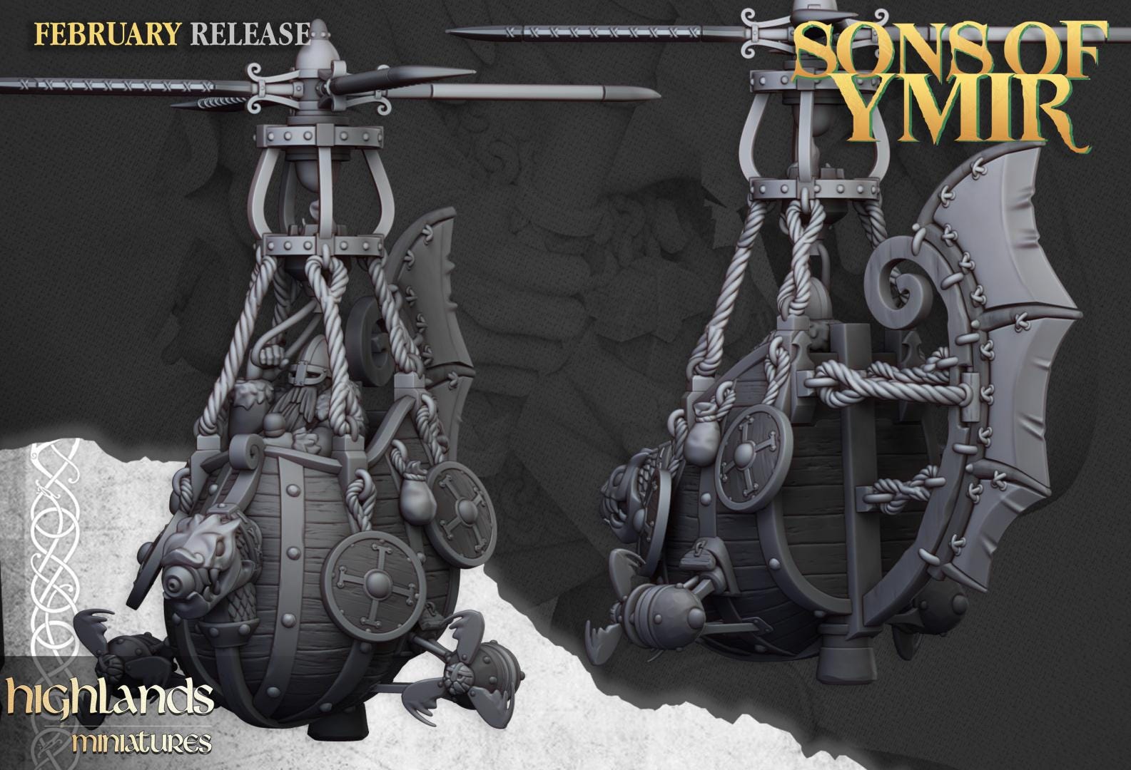 Dwarf Flying Machine with Crew and Scenic Base 4 Variants Highland Miniatures Various Scales (US tariffs are pre-paid by us)