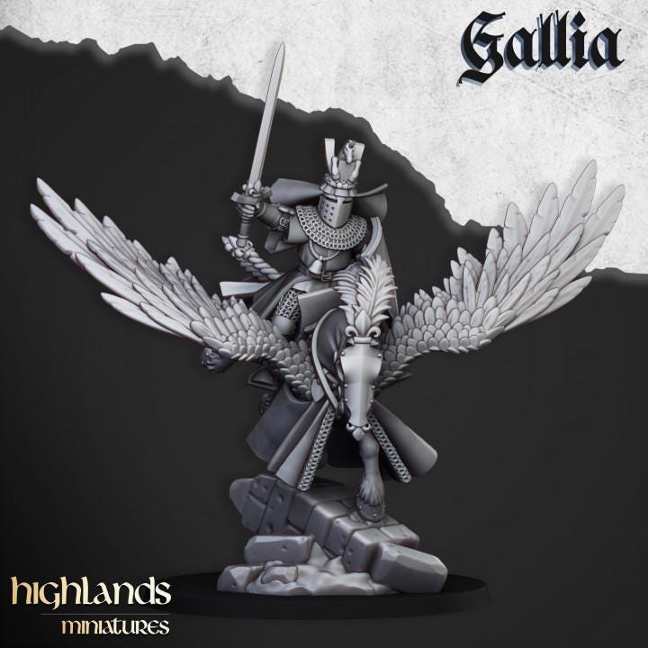 Gallia Knights on Pegasus with Scenic Bases 3 Mounted models Highland Miniatures Various Scales (US tariffs are pre-paid by us)