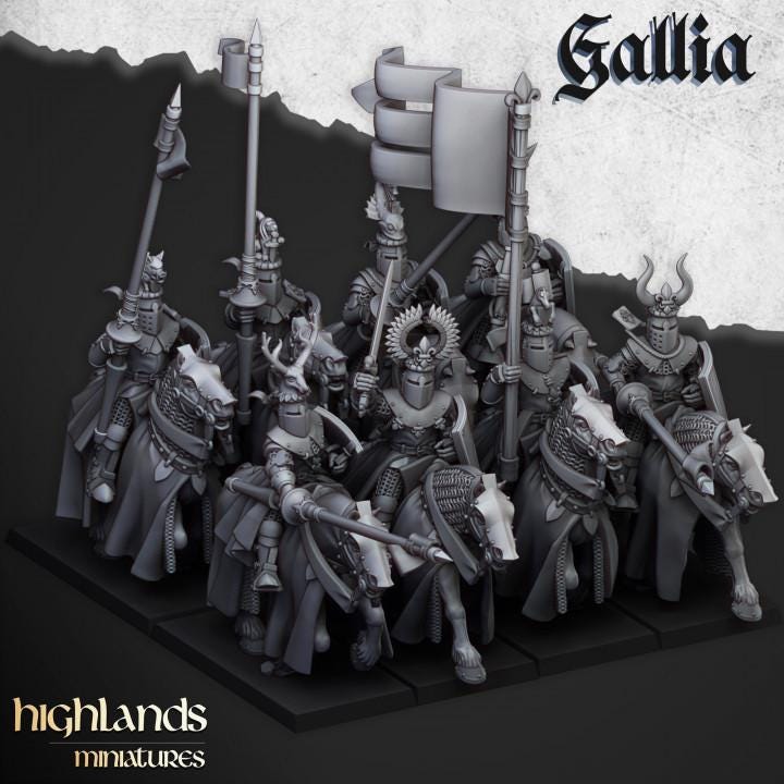 Knights of Gallia with Command Group 10 models Highland Miniatures Cavalry Various Scales (US tariffs are pre-paid by us)
