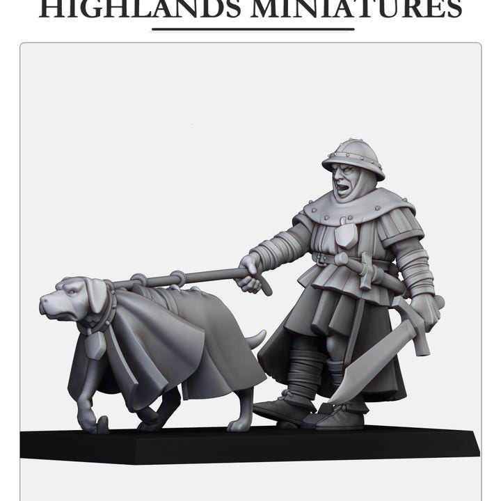 Man at Arm holding Dog Highland Miniatures Various Scales (US tariffs are pre-paid by us)