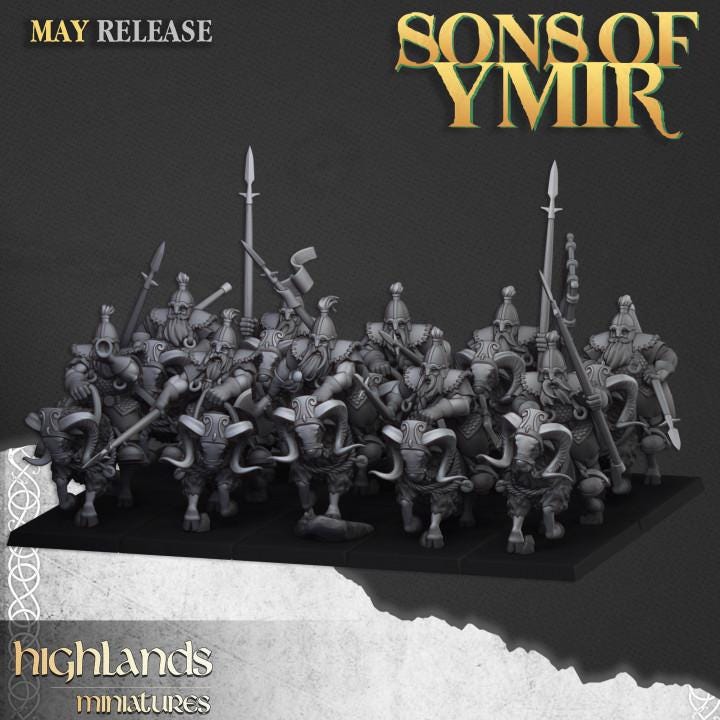Mounted Dwarfs with Command Group 10 models Highland Miniatures Various Scales (US tariffs are pre-paid by us)