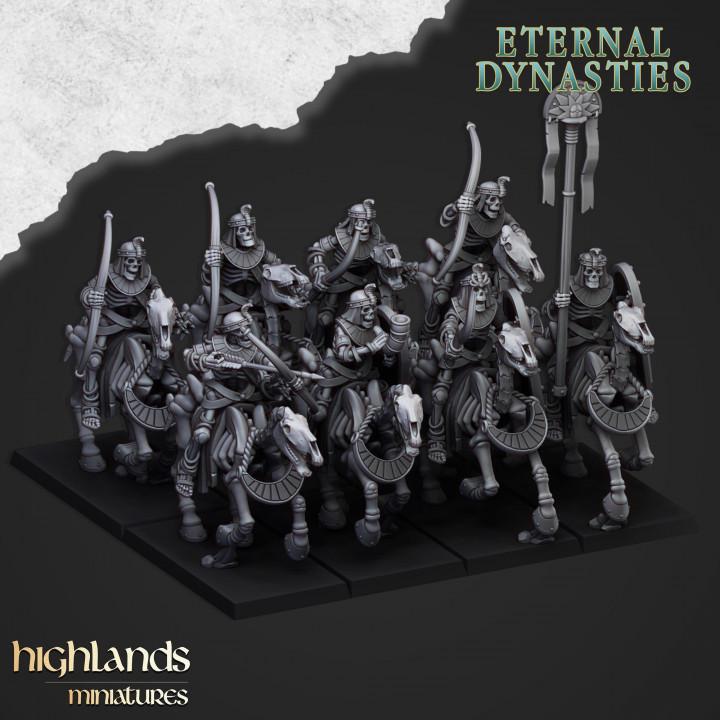 Eternal Ancient Skeletal Cavalry with Bows and Command Group 10 models Highland Miniatures Cavalry Various Scales