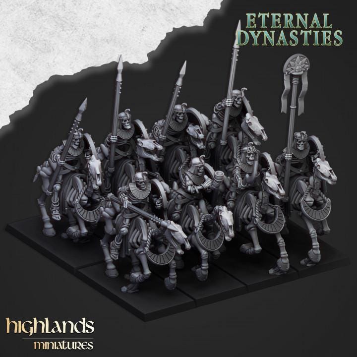 Eternal Ancient Skeletal Cavalry with Spears and Command Group 10 models Highland Miniatures Cavalry Various Scales