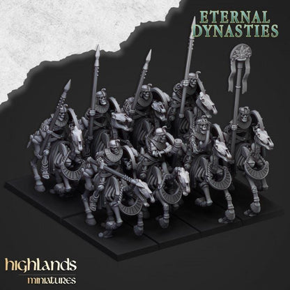Eternal Ancient Skeletal Cavalry with Spears and Command Group 10 models Highland Miniatures Cavalry Various Scales