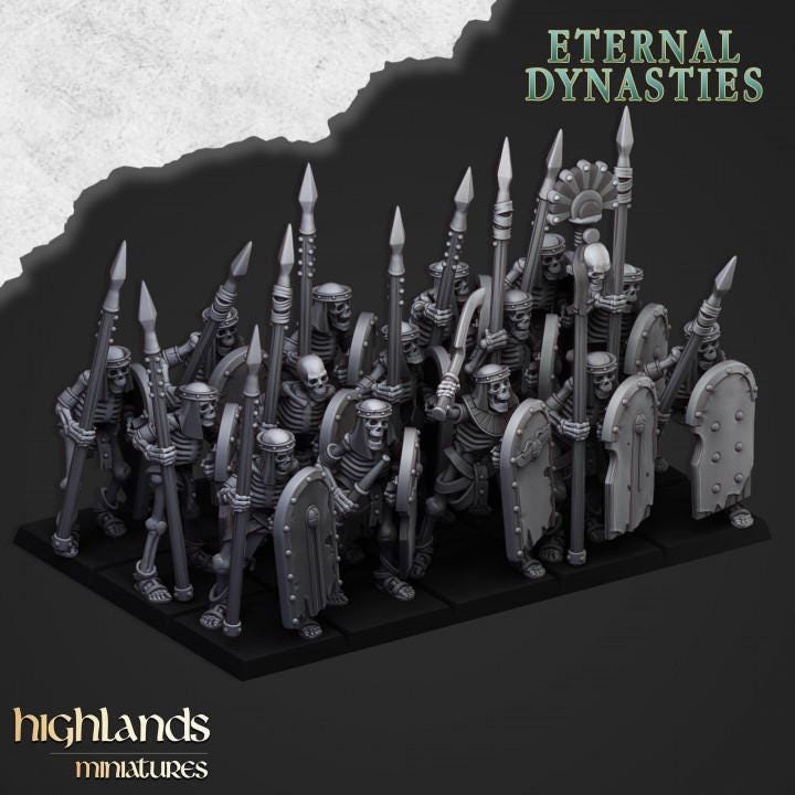 Eternal Ancient Skeletons with Spears Unit and Command Group 10 models Highland Miniatures Various Scales (US tariffs are pre-paid by us)