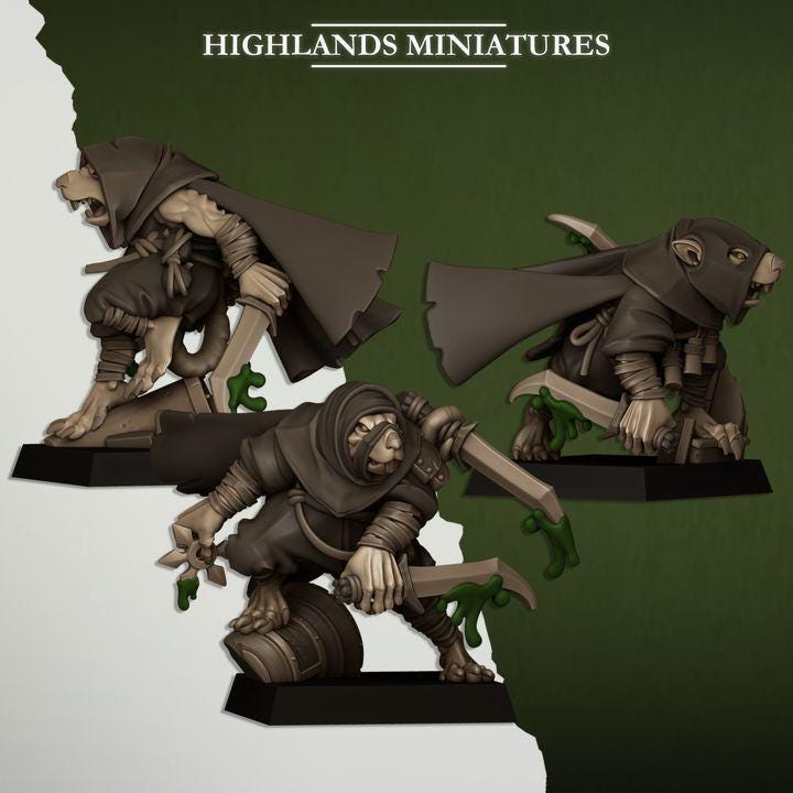 Sewer Vermin Assassins 3 models Highland Miniatures Various Scales (US tariffs are pre-paid by us)