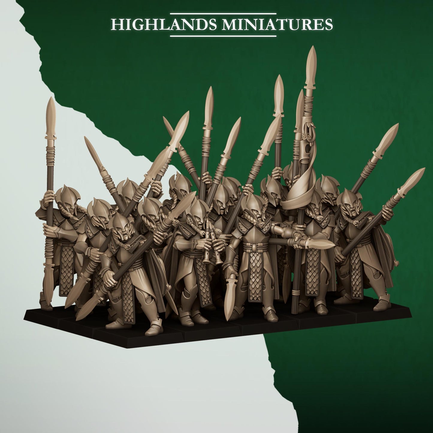 Fantasy Wargaming Feral Elves Spearmen Unit with Command Group 10 models Highland Miniatures Various Scales (US tariffs are pre-paid by us)