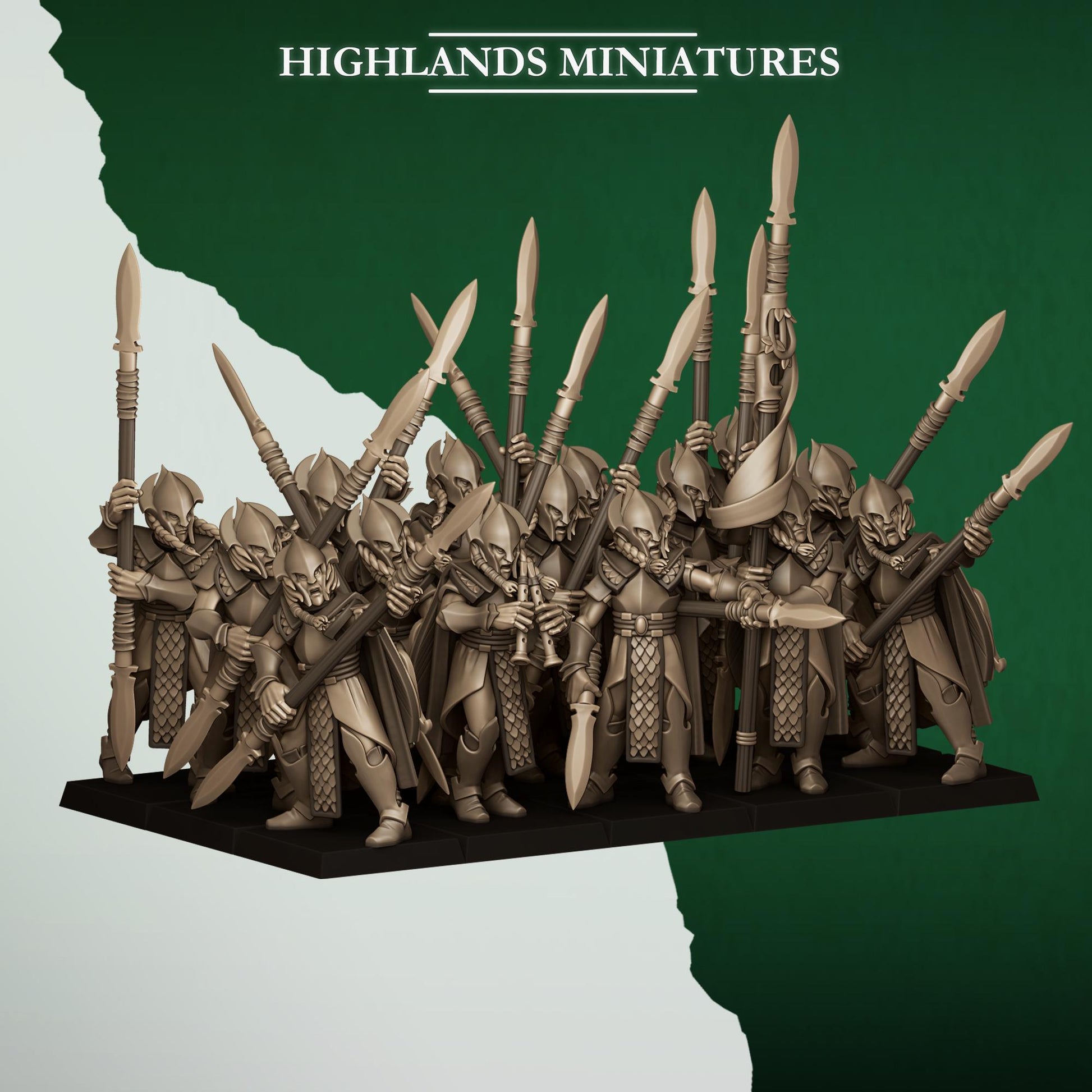 Fantasy Wargaming Feral Elves Spearmen Unit with Command Group 10 models Highland Miniatures Various Scales (US tariffs are pre-paid by us)