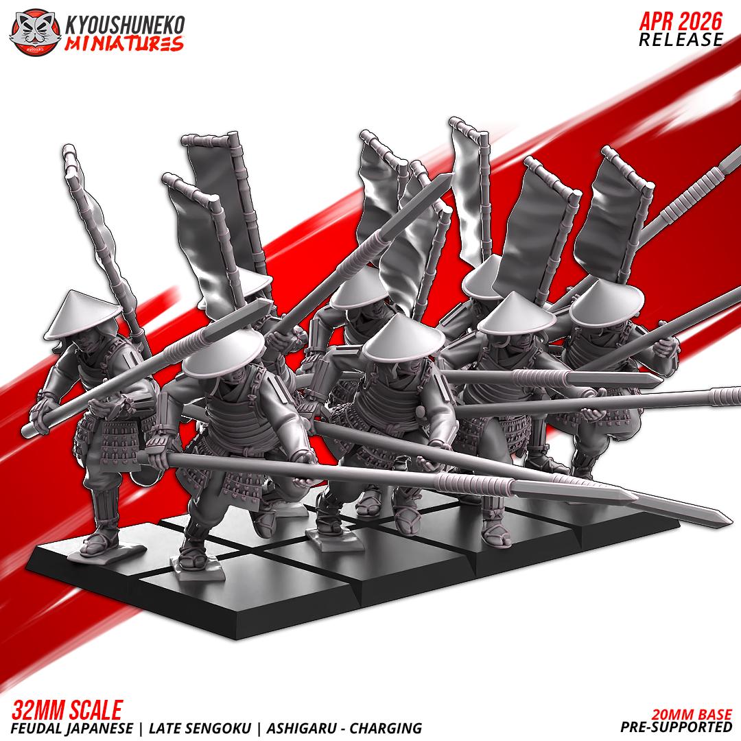 Feudal Japanese Late Sengoku Ashigaru Charging Unit (10 models) Various Scales