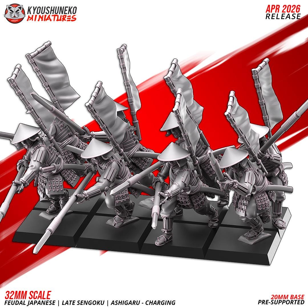 Feudal Japanese Late Sengoku Ashigaru Charging Unit (10 models) Various Scales