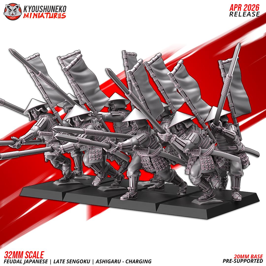 Feudal Japanese Late Sengoku Ashigaru Charging Unit (10 models) Various Scales