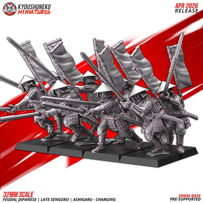 Feudal Japanese Late Sengoku Ashigaru Charging Unit (10 models) Various Scales
