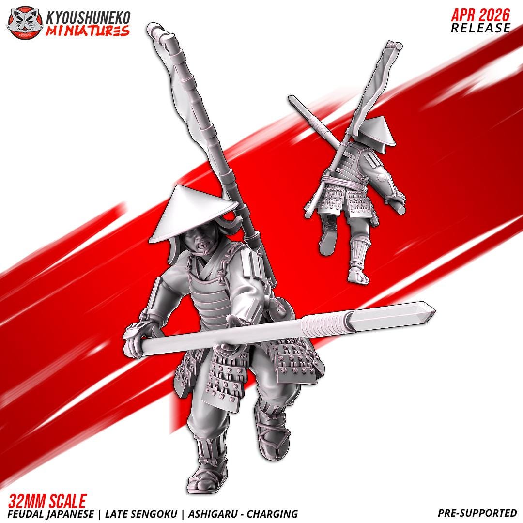 Feudal Japanese Late Sengoku Ashigaru Charging Unit (10 models) Various Scales