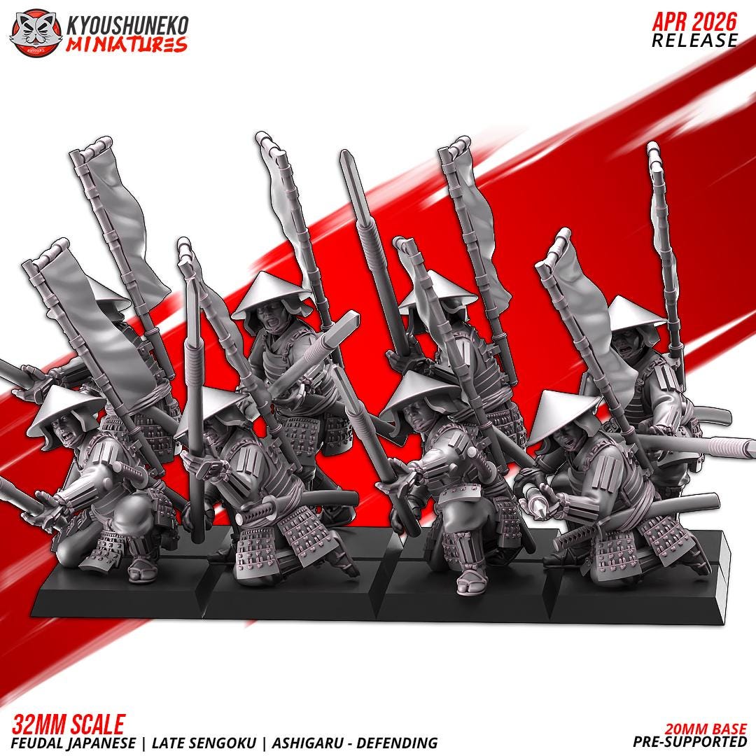 Feudal Japanese Late Sengoku Ashigaru Defending Unit (10 models) Various Scales