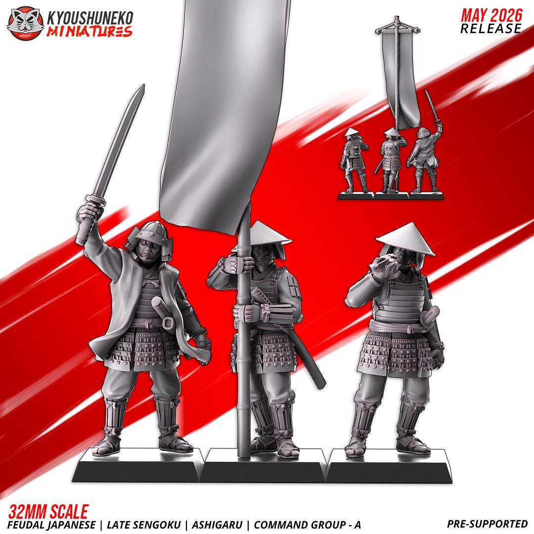 Feudal Japanese Late Sengoku Ashigaru Command Group (3 models) Various Scales