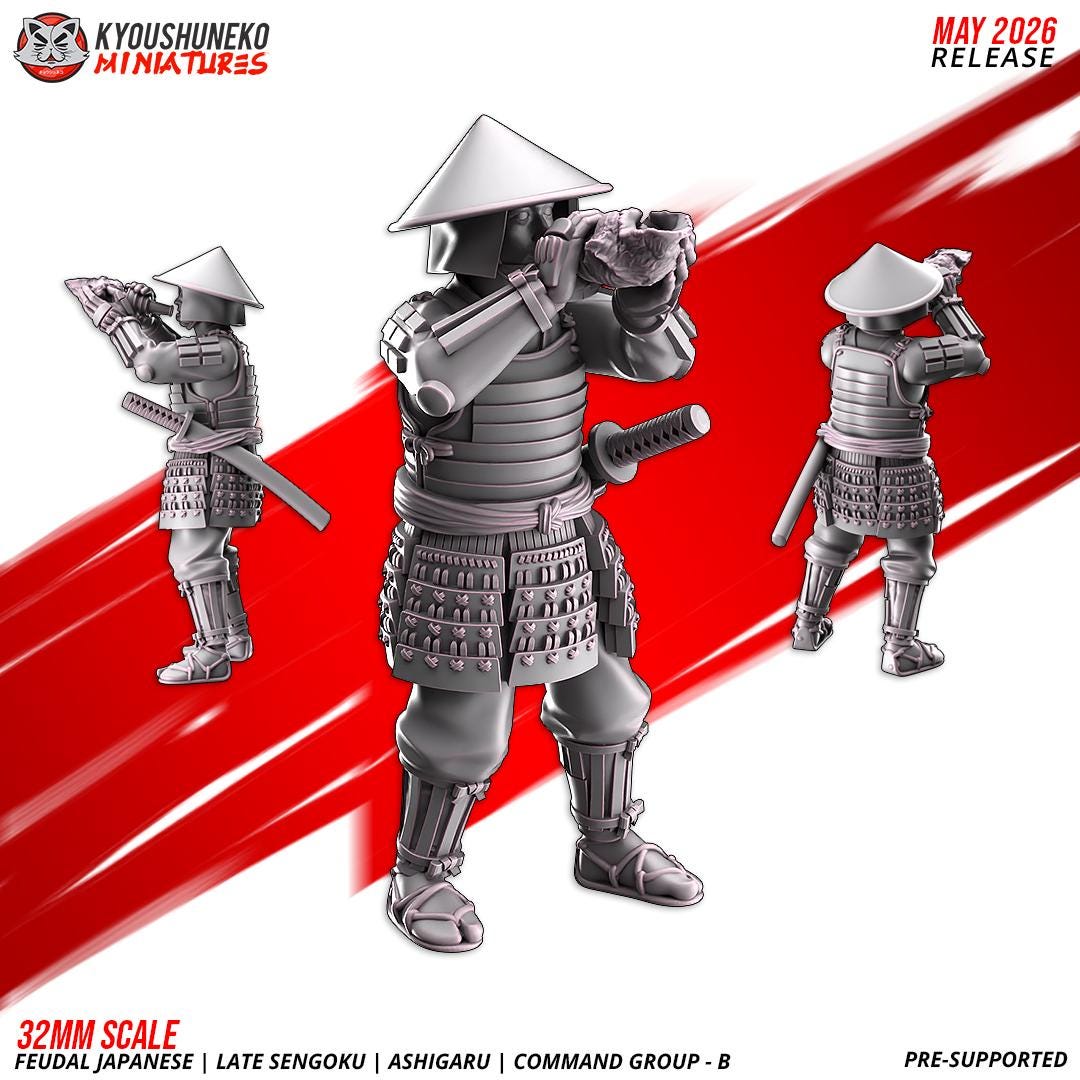 Feudal Japanese Late Sengoku Ashigaru Command Group (3 models) Various Scales