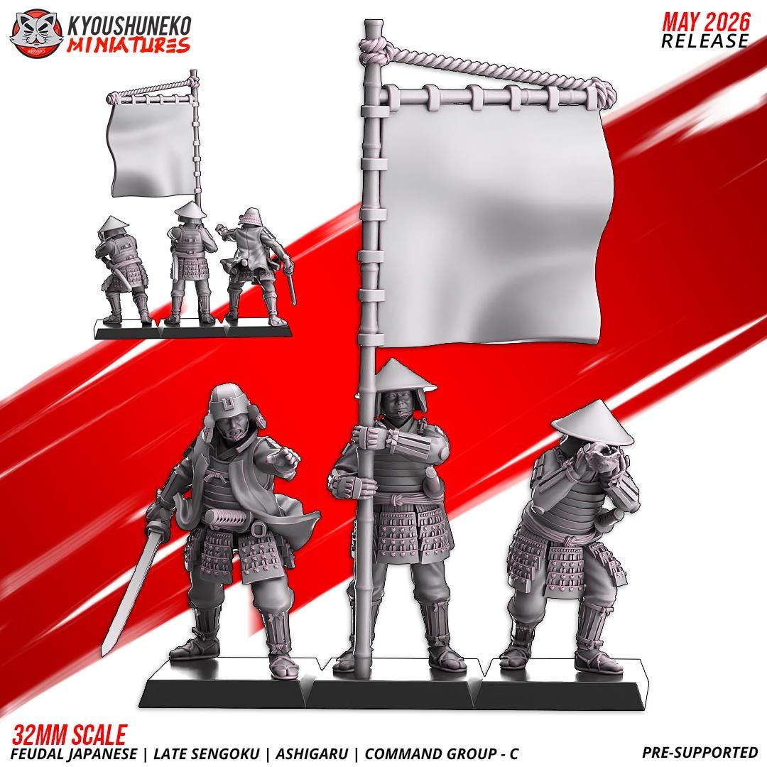 Feudal Japanese Late Sengoku Ashigaru Command Group (3 models) Various Scales