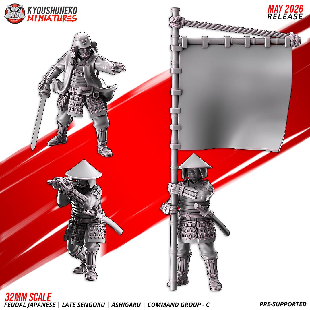 Feudal Japanese Late Sengoku Ashigaru Command Group (3 models) Various Scales