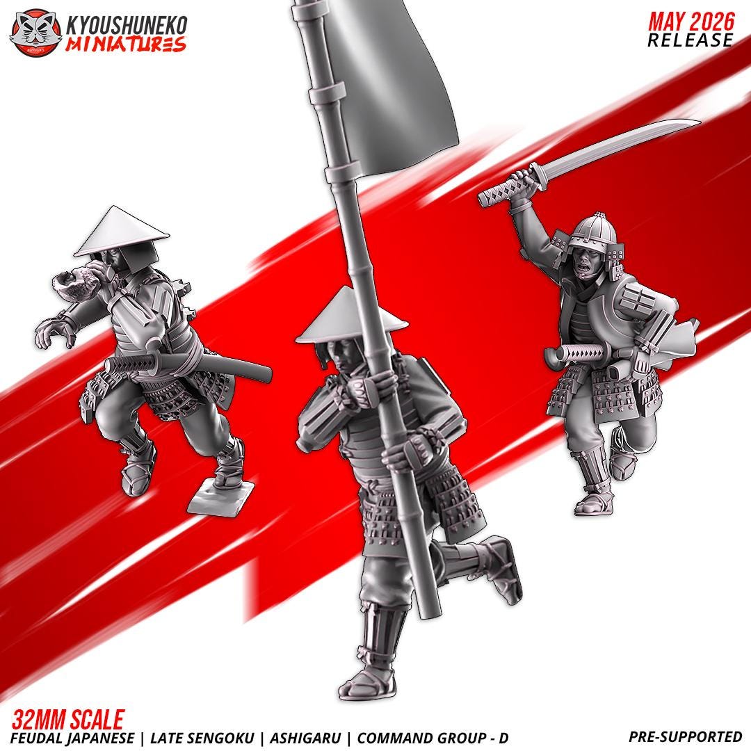 Feudal Japanese Late Sengoku Ashigaru Command Group (3 models) Various Scales