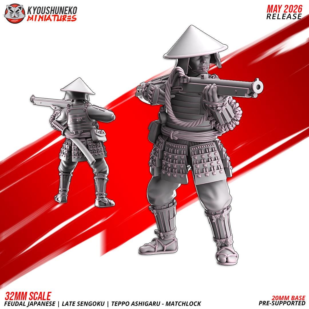Feudal Japanese Late Sengoku Teppo Ashigaru Musketmen Unit (10 models) Various Scales