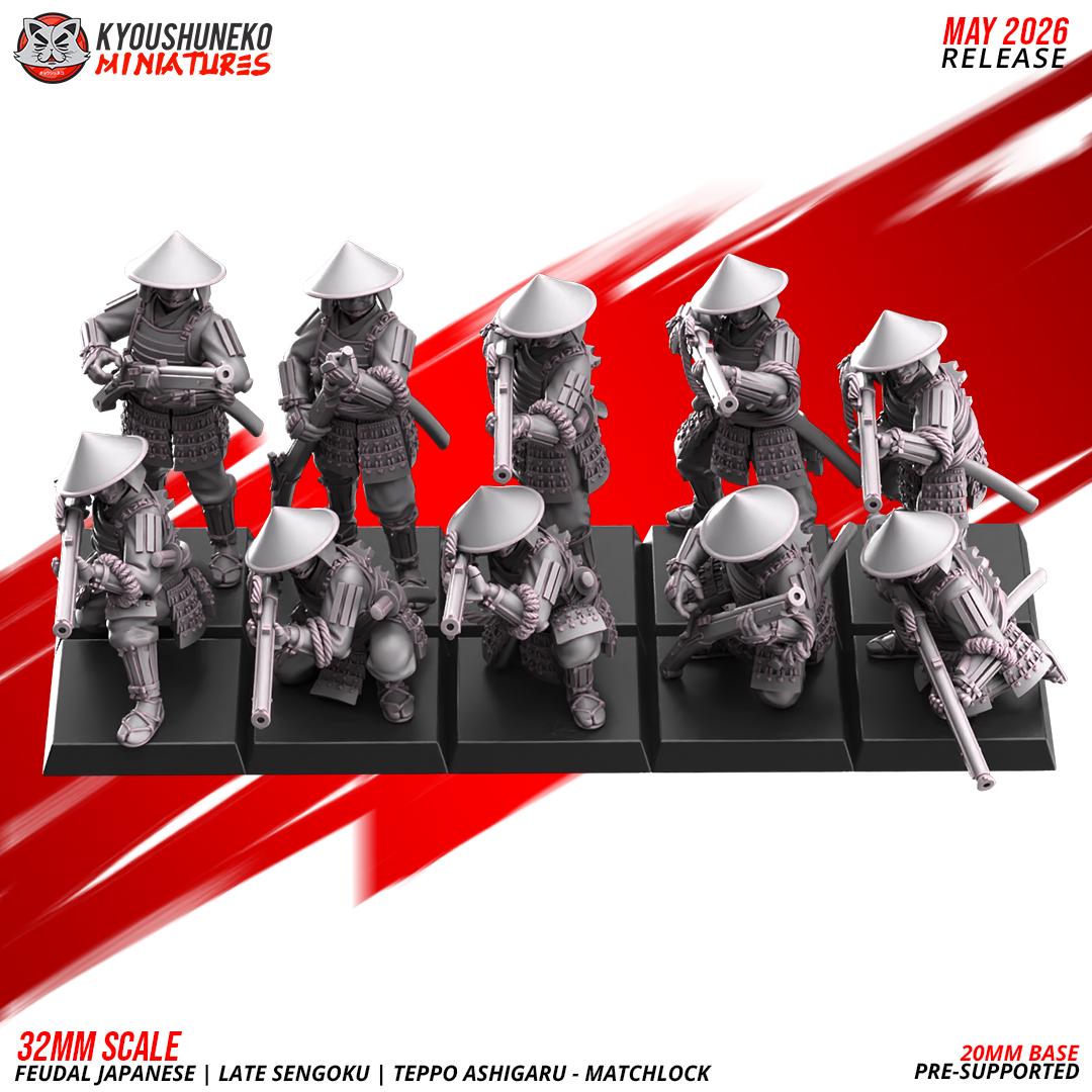 Feudal Japanese Late Sengoku Teppo Ashigaru Musketmen Unit (10 models) Various Scales