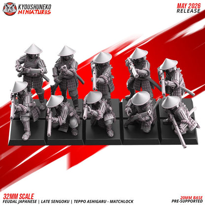 Feudal Japanese Late Sengoku Teppo Ashigaru Musketmen Unit (10 models) Various Scales