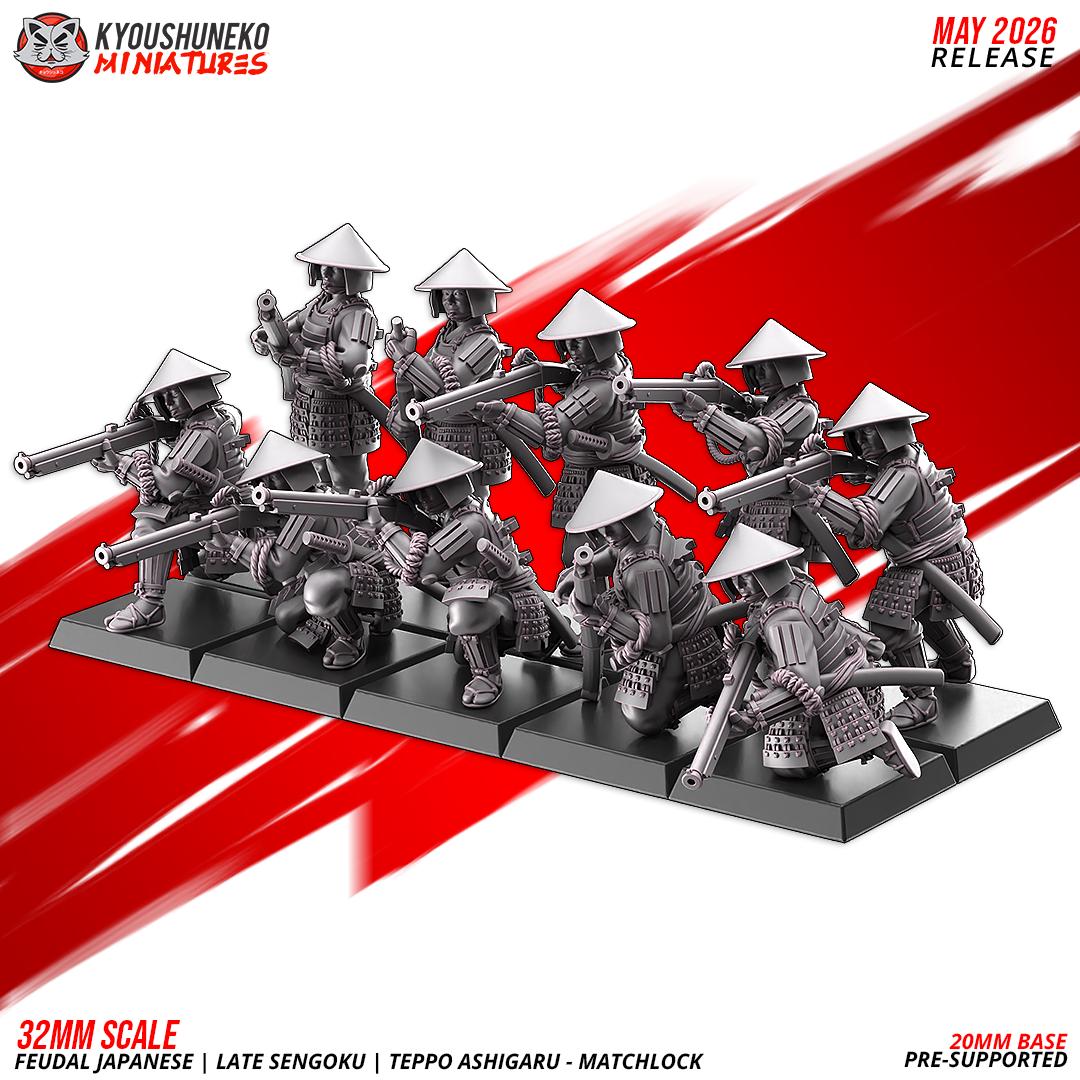 Feudal Japanese Late Sengoku Teppo Ashigaru Musketmen Unit (10 models) Various Scales
