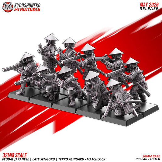 Feudal Japanese Late Sengoku Teppo Ashigaru Musketmen Unit (10 models) Various Scales