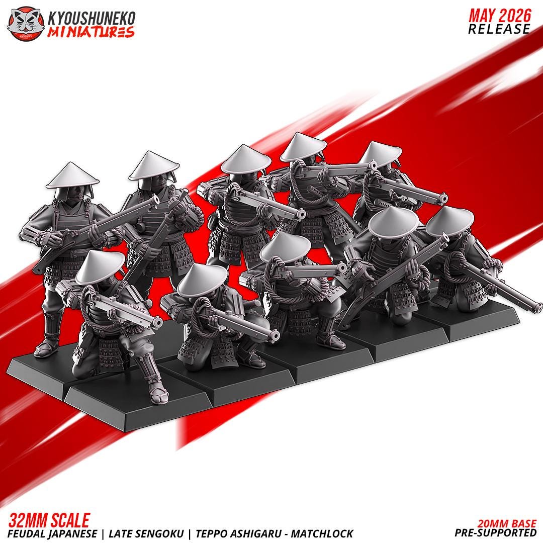 Feudal Japanese Late Sengoku Teppo Ashigaru Musketmen Unit (10 models) Various Scales