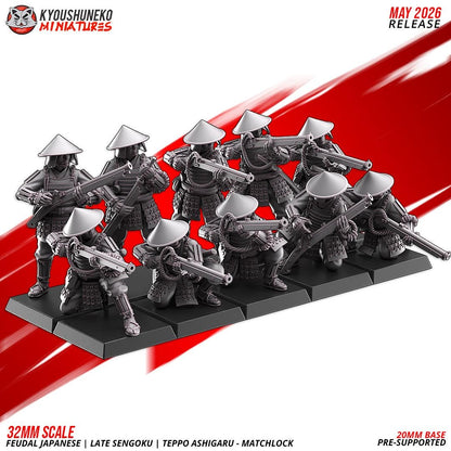 Feudal Japanese Late Sengoku Teppo Ashigaru Musketmen Unit (10 models) Various Scales