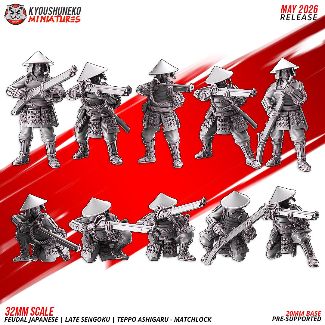 Feudal Japanese Late Sengoku Teppo Ashigaru Musketmen Unit (10 models) Various Scales