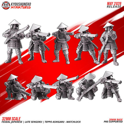 Feudal Japanese Late Sengoku Teppo Ashigaru Musketmen Unit (10 models) Various Scales