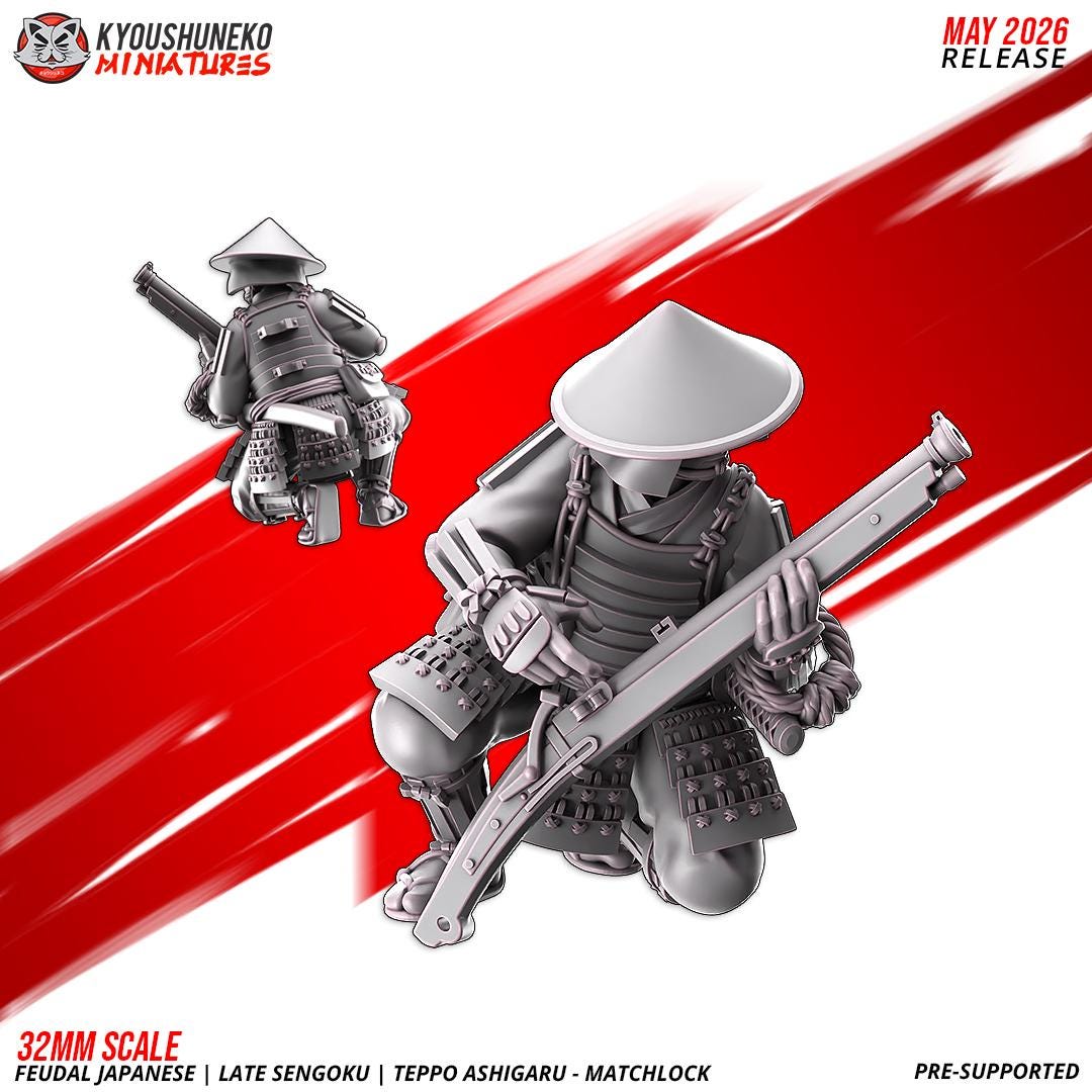 Feudal Japanese Late Sengoku Teppo Ashigaru Musketmen Unit (10 models) Various Scales
