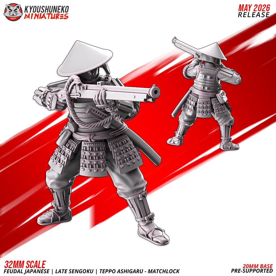 Feudal Japanese Late Sengoku Teppo Ashigaru Musketmen Unit (10 models) Various Scales