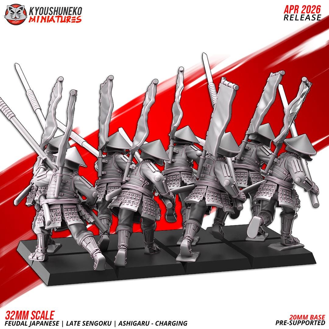 Feudal Japanese Late Sengoku Ashigaru Charging Unit (10 models) Various Scales