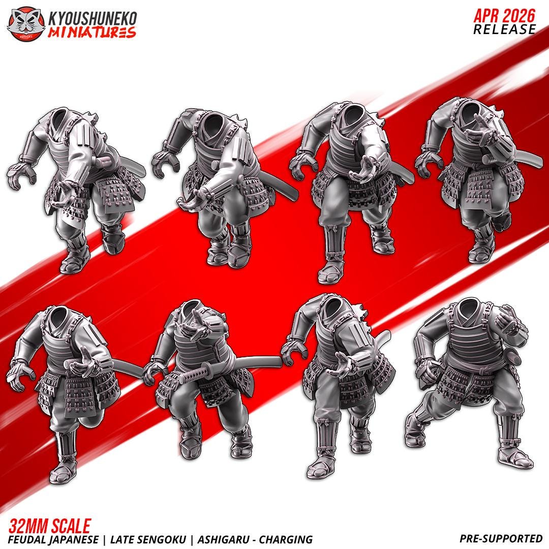 Feudal Japanese Late Sengoku Ashigaru Charging Unit (10 models) Various Scales