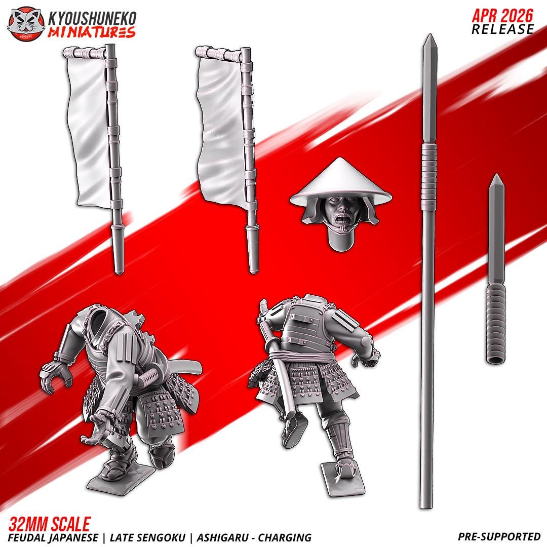 Feudal Japanese Late Sengoku Ashigaru Charging Unit (10 models) Various Scales