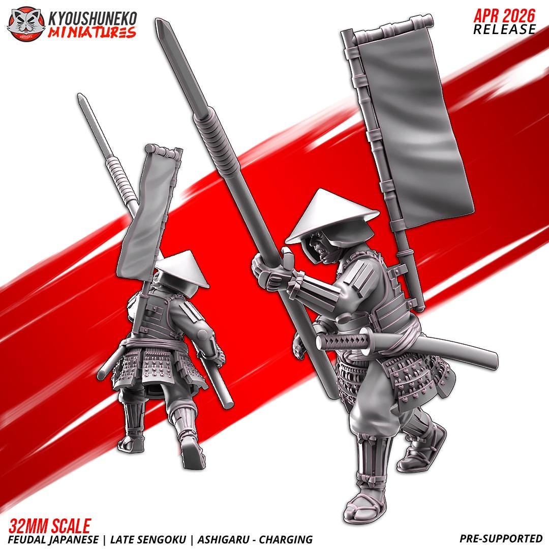 Feudal Japanese Late Sengoku Ashigaru Charging Unit (10 models) Various Scales