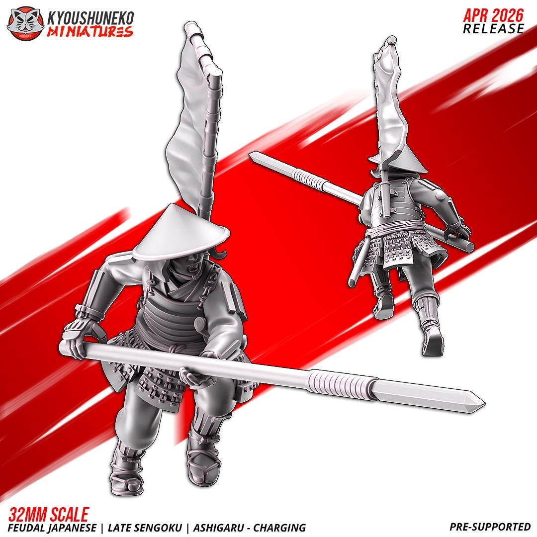 Feudal Japanese Late Sengoku Ashigaru Charging Unit (10 models) Various Scales