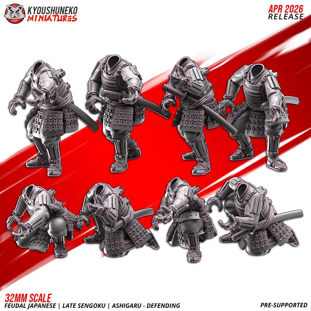 Feudal Japanese Late Sengoku Ashigaru Defending Unit (10 models) Various Scales