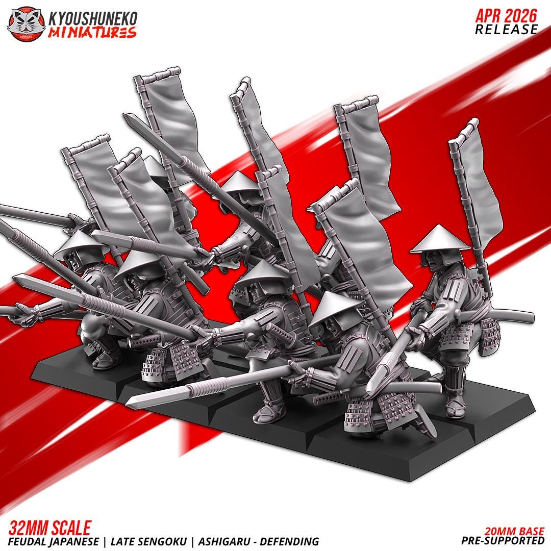 Feudal Japanese Late Sengoku Ashigaru Defending Unit (10 models) Various Scales