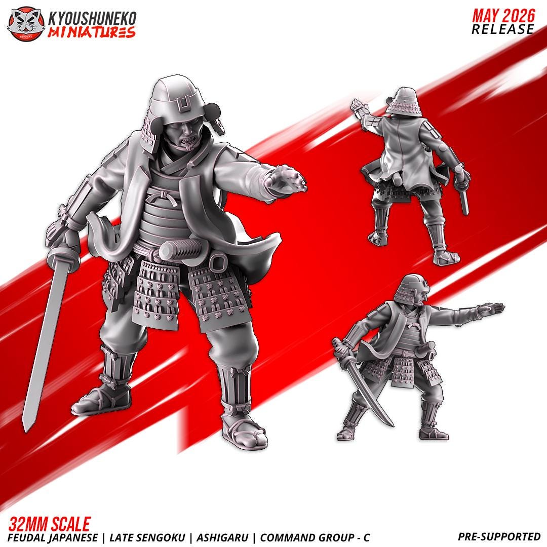 Feudal Japanese Late Sengoku Ashigaru Command Group (3 models) Various Scales