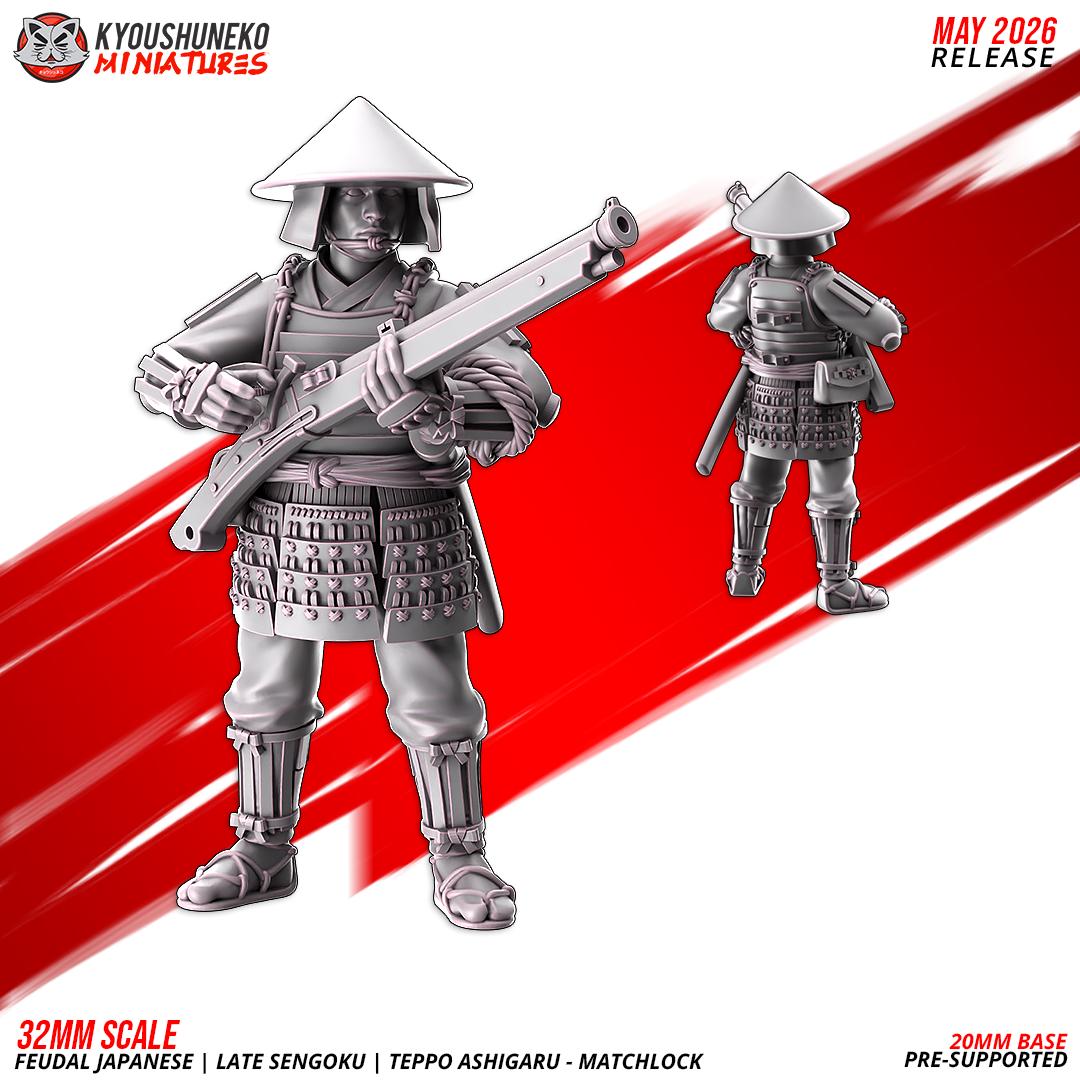 Feudal Japanese Late Sengoku Teppo Ashigaru Musketmen Unit (10 models) Various Scales