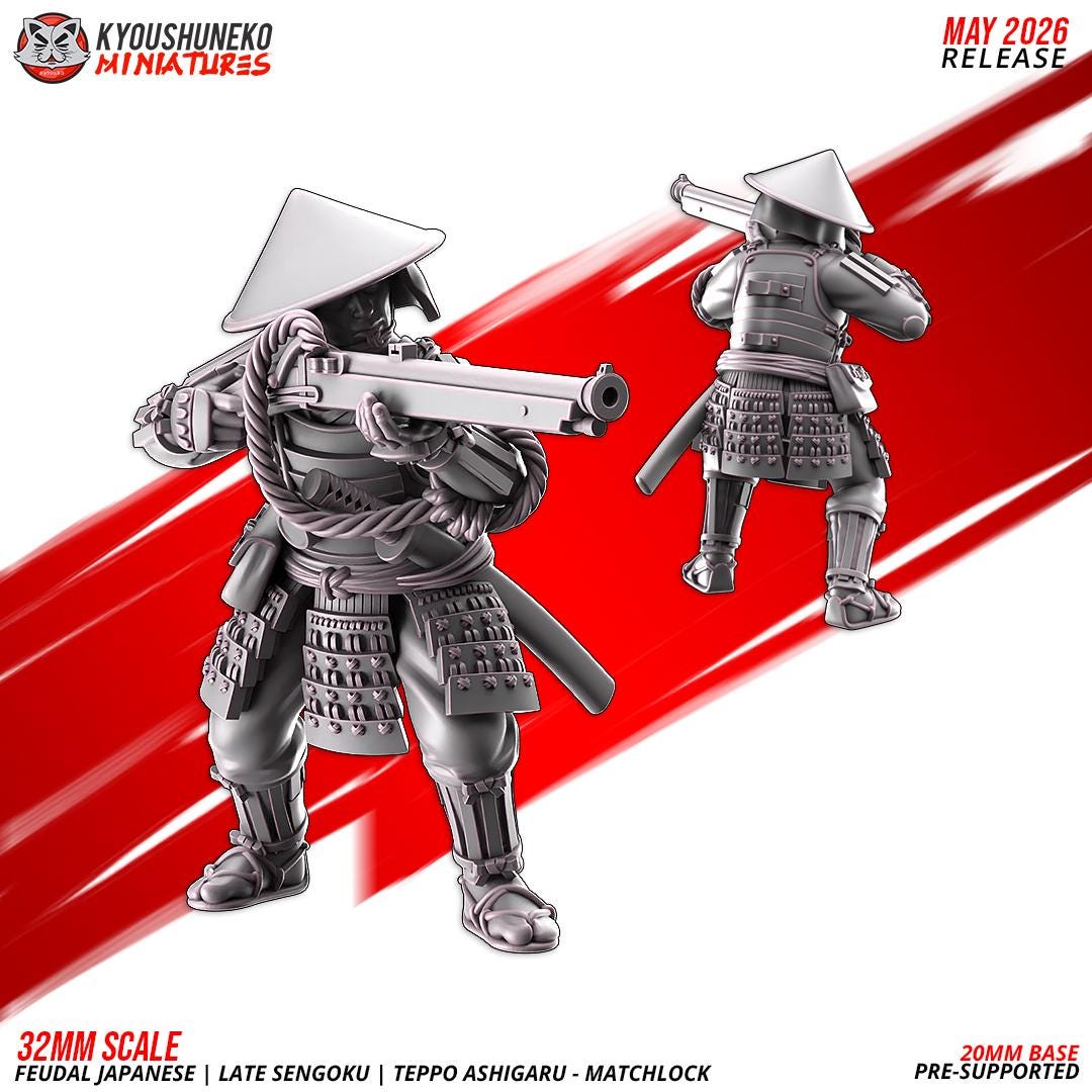 Feudal Japanese Late Sengoku Teppo Ashigaru Musketmen Unit (10 models) Various Scales